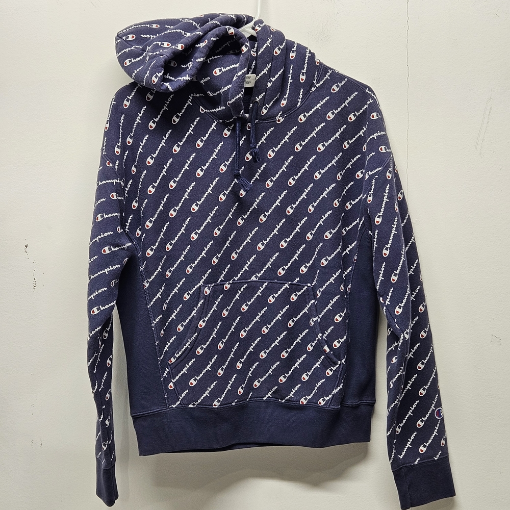 Champion Reserve Weave Sweatshirt Hoodie Blue All Over Print Logo Size M Y2K
